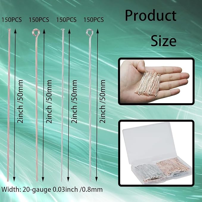 600 Pieces 2 Inch Flat Head Pins Eye Pins for Jewelry Making DIY, Straight Pins Rose Gold and White K Jewelry Making Pins Metal End Headpins for Craft Earring Bracelet Necklace Pendant Supplies