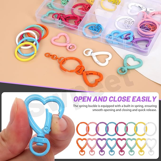 Swpeet Key Ring Carabiner 68Pcs 8Colors Heart-Shaped Swivel Lobster Claw Clasps with Key Rings, Open Jump Rings and Key Chains Assortment Kit, Metal Swivel Spring Clasps for DIY Craft Making