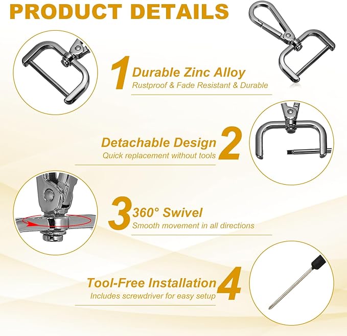 YELARXI Swivel Clasps Hook, 1-1/4 Inch ID Detachable Snap Hook W/Screw Bar D Ring Claw Clasp with Screwdriver Fit for Lanyard Bag Leather Craft Purse Hardware DIY Bag (4 Pack, Black)