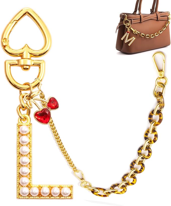 Pearl Initial Keychain with Leopard Bag Charms Wallet Chain Women Cute Alphabet Keychains Charm for Purse Handbag