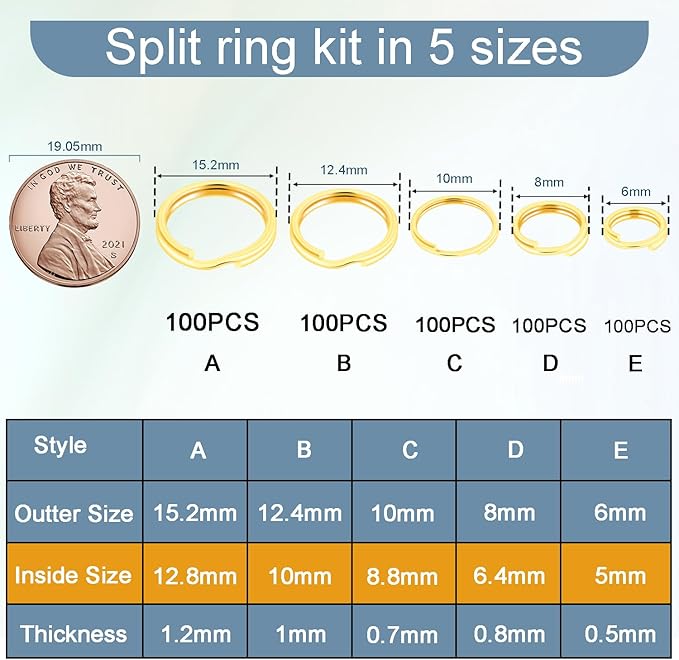 500pcs Assorted 5 Size Small Split Ring for Key Ring, Metal Keychains Key Rings Pet Collar Tag Double Loops O Jump Rings for Jewelry Making Necklaces Bracelets Earrings DIY Craft Accessories, Gold
