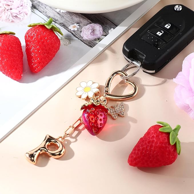 Strawberry Initial Keychain for Women-Cute Kawaii Gold Alphabet Bag Charms, Key chain Gift for Purse Handbag