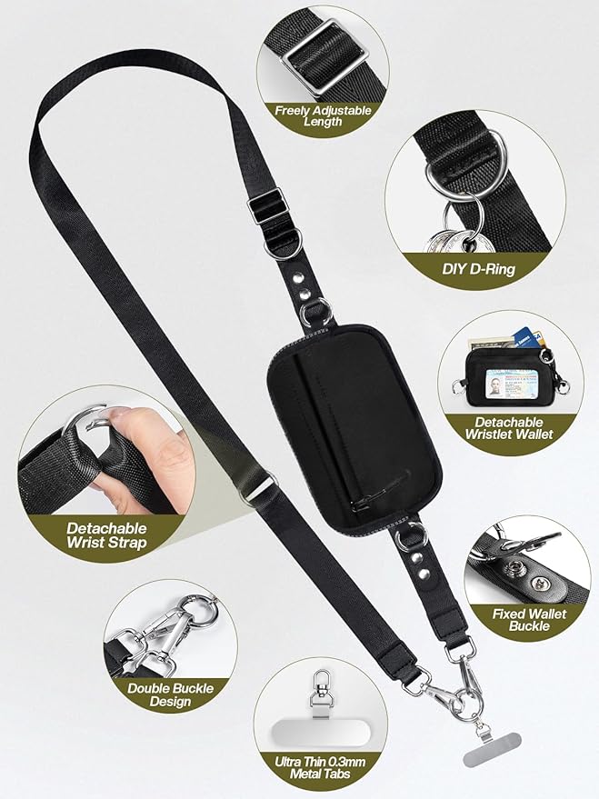 Clip and Go Strap for Phone with Wallet Crossbody Phone Lanyard Adjustable and Detachable RFID Wristlet Wallet with ID Window and Zipper, Black(L)