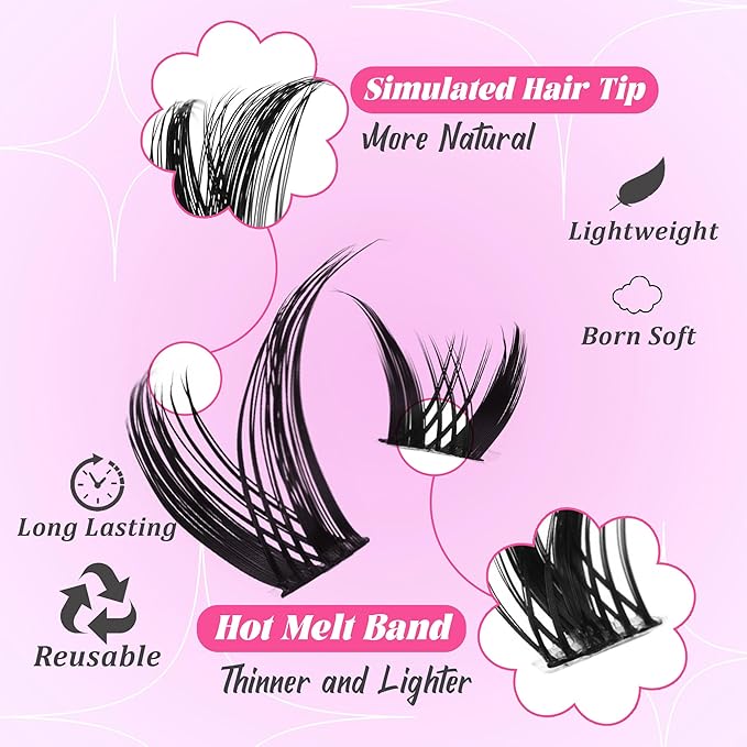 Volume Lash Clusters Kit Spiky Manga 8-16mm Natural Wispy Eyelash Clusters C/D Curl Eyelash Extension Kit Spiky Individual Lash Eyelash Clusters with 0.05mm Ultra-Thin Black Band