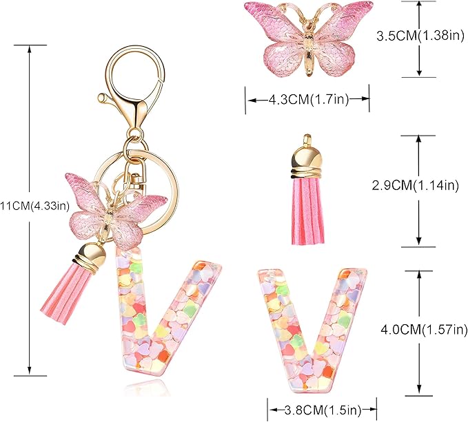 Fashion Alphabet Initial Letter Keychain Tassel Butterfly Pendant Key Ring for Purse Handbags Women Girl