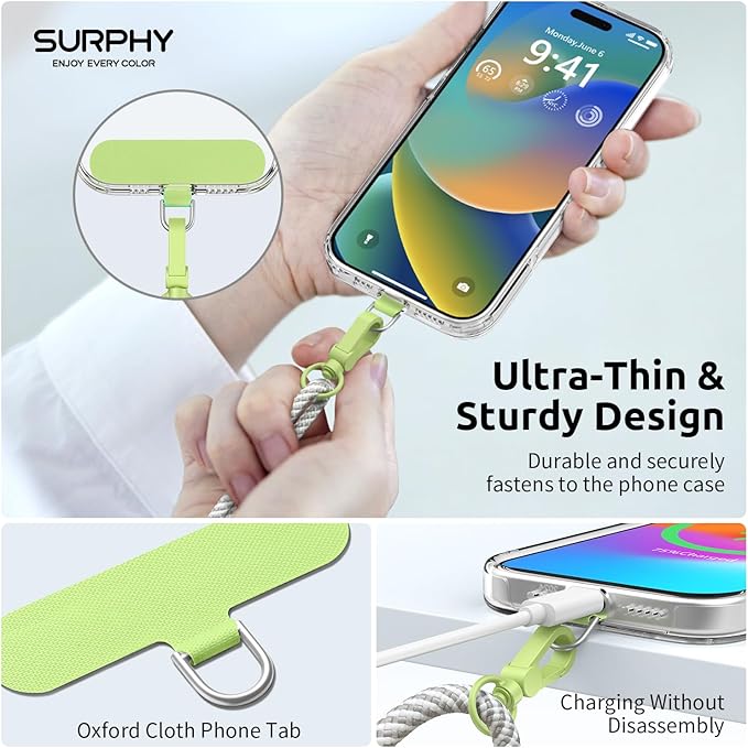 SURPHY Phone Lanyard, Adjustable Phone Strap Crossbody with 2 Pack Phone Tether Tab, Premium Metal Buckles and Two-Color Braided Cell Phone Lanyard Crossbody for Women and Men, Gray & White