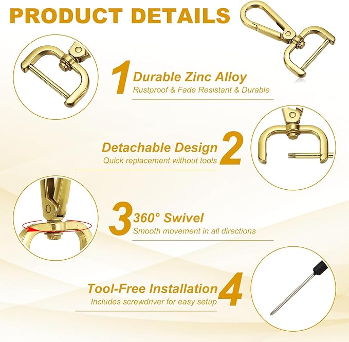 YELARXI Swivel Clasps Hook, 1 Inch ID Detachable Snap Hook W/Screw Bar D Ring Claw Clasp with Screwdriver Fit for Lanyard Bag Leather Craft Purse Hardware DIY Bag (4 Pack, Gold)