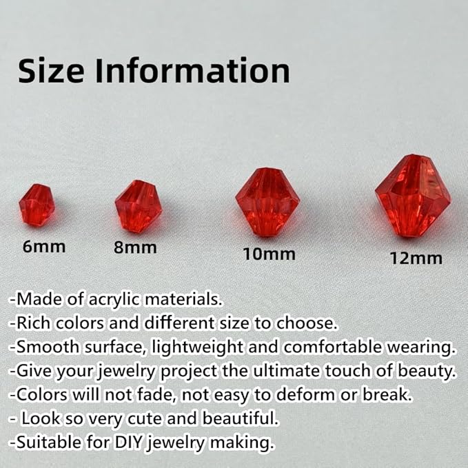 1000pcs 6mm Acrylic Bicone Beads Faceted Acrylic Crystal Spacer Beads for Bracelet Necklace Earring Keychain Jewelry Making Crafts(Red)