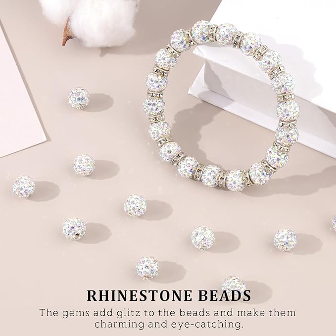 120pcs 10mm Rhinestone Beads for Jewelry Making, Crystal AB Shiny Round Shamballa Disco Ball Beads Bulk, Sparkle Crystal Clay Christmas for Bracelet Baseball Necklace Earring Crafting and DIY