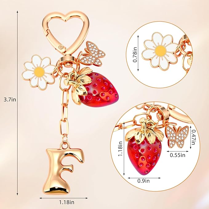 Strawberry Initial Keychain for Women-Cute Kawaii Gold Alphabet Bag Charms, Key chain Gift for Purse Handbag