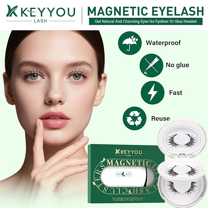 KEYYOU Reusable Magnetic Eyelashes 2 Pair with Applicator No Glue Needed 3D Natural Magnetic Lashes, Easy to Apply & Long Lasting for Daily Use & Events(A05+A05)