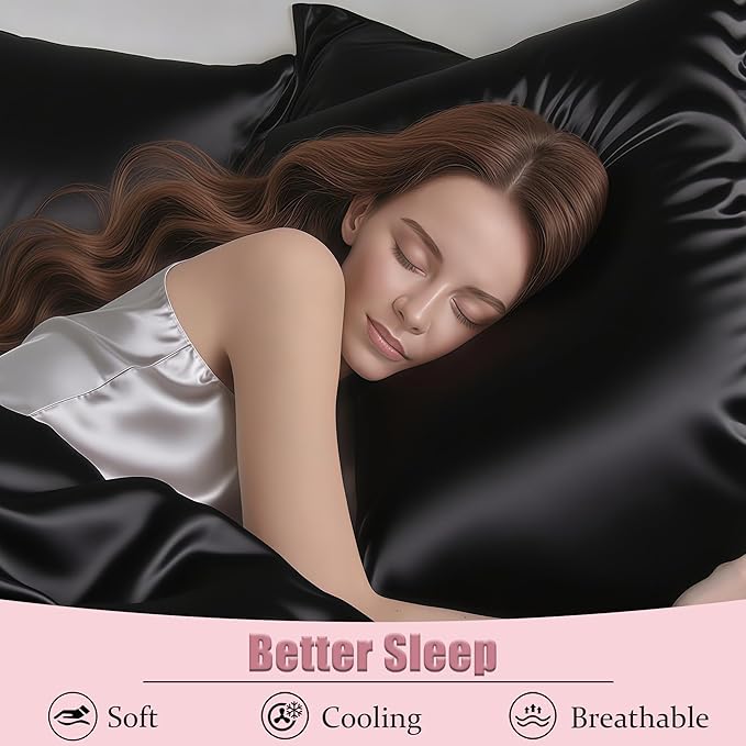 Mulberry Silk Pillow Cases with Zipper, Ultra Smooth Soft Breathable Cooling Pillow Cases for Hot Sleepers, Silk Satin Pillowcase for Hair and Skin, Gifts for Women (Black, Queen Size, 1 Pack)