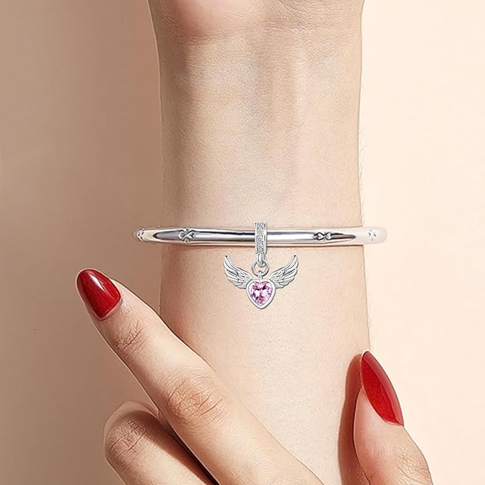 KunBead Guardian Angel Wings Heart Birthstone Dangle Birthday Charms Compatible with Pandora Charm Bracelet for Women
