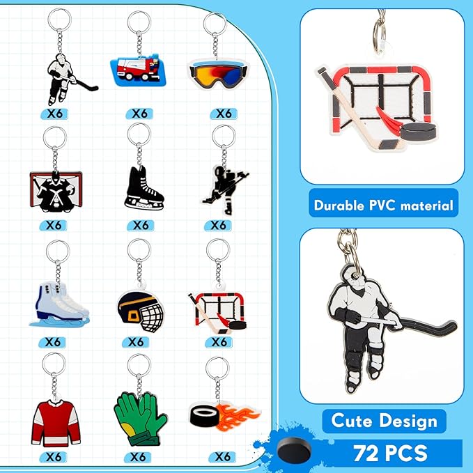 Batiyeer 72 Pack Ice Hockey Keychains Bulk Party Favors Sports Ball Key Chains Funny Keyring Gifts for Women Men Birthday Supplies