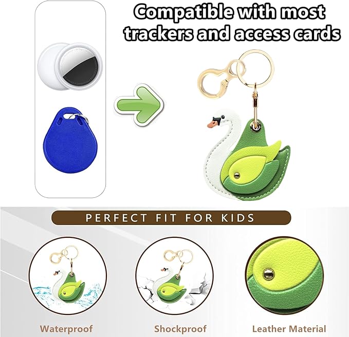 Leather Keychain Holder Case Compatible with AirTag,Cute Protective Cover with Keyring,Anti-Scratch Finder GPS Tracker Case for Wallet Keys,Bag,Pets(Swan Green)