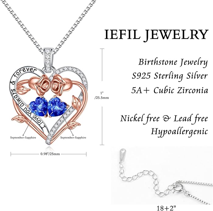 Iefil Valentines Gifts for Her Wife Women - Rose Heart Double Birthstone Necklace Gift for Wife Girlfriend Her Women, Birthstone Jewelry Gemstone Birthday Gifts for Mom Grandma Her