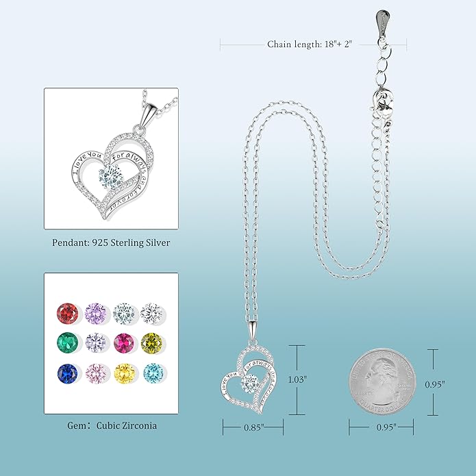 LynChoe Birthday Gifts Double Heart Birthstone Necklace for Women, S925 Sterling Silver Pendant Necklace Jewelry for Her Mother Mom Wife Girlfriend