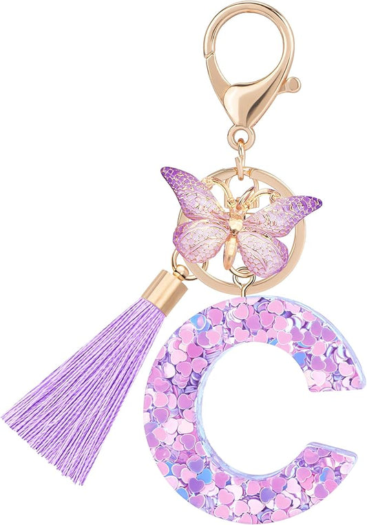 Initial letter Keychains for Women Girls Tassel Butterfly Cute Keychain for Wallet Backpack charm