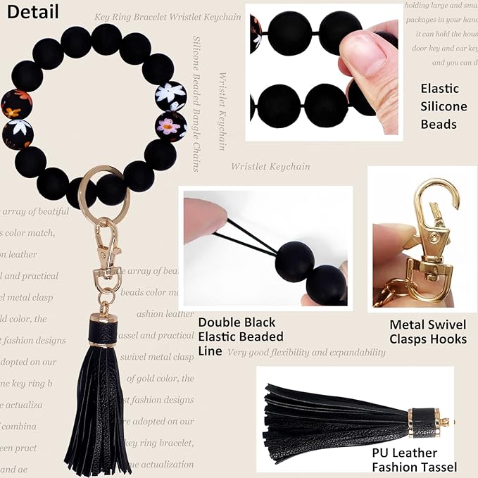 BIHRTC Key Ring Bracelet Car Keychain Holder Wristlet Silicone Women Beaded Bangle Chains