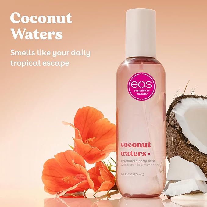 eos Cashmere Body Mist, Coconut Waters, Body Spray for Women, Hair Mist, Coconut Perfume, Moisturizing, Hyaluronic Acid, Glycerin, Vegan, Cruelty-free, 6 fl oz