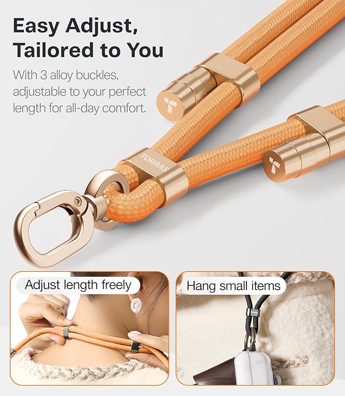TORRAS Phone Lanyard Crossbody with 2 Phone Tabs, Adjustable Anti Theft Strap for All Cellphone, Premium Metal Buckles, Skin-Friendly, Universal Cellphone Neck lanyard for Travel Essentials, Orange