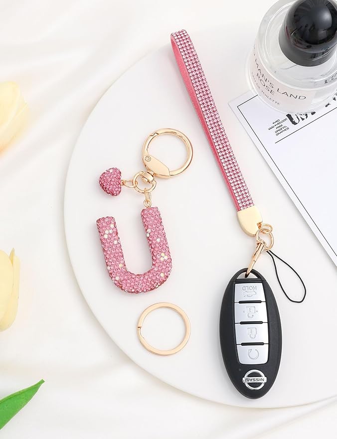 Initial Keychain for Women Girls,Bling Letter Key chain Initial with Heart,Pink Keychain Charms for Backpack Handbag