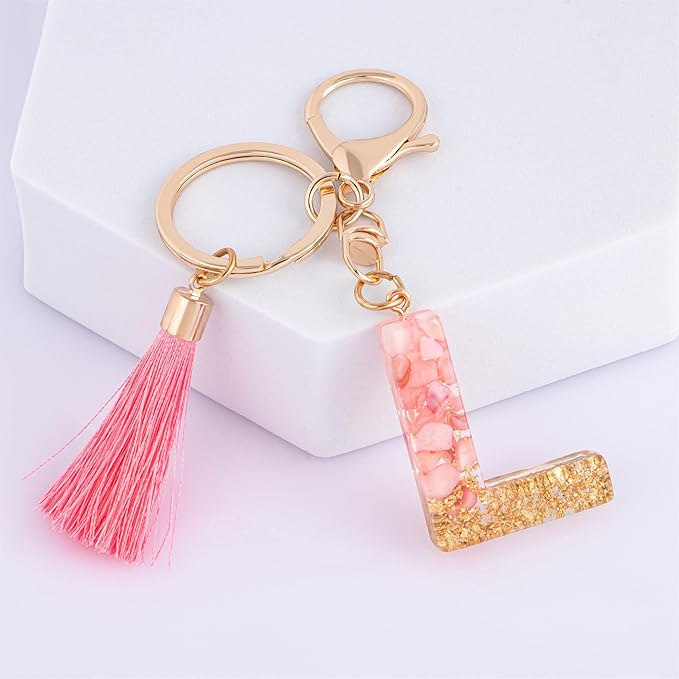 Suweibuke Cute Pink Key Chains for Women Girls, Initial Letter Keychains with Tassel, Charms for Key Purse Handbags Backpacks