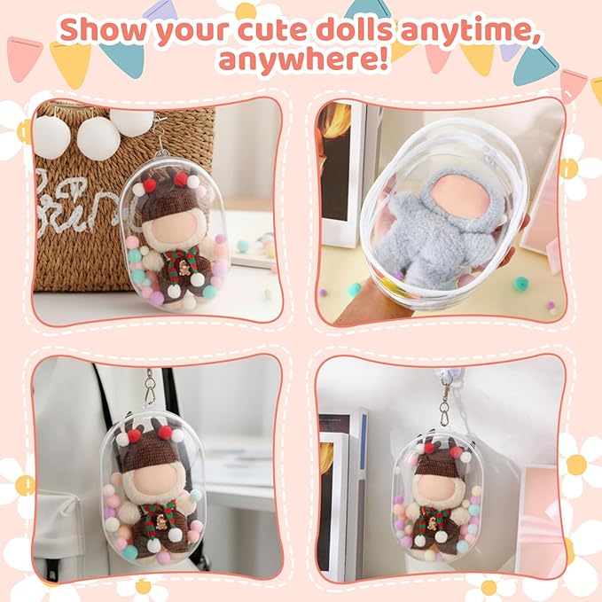 6 Pcs 7 Inch Clear Figure Display Bag with Keychain Large Doll Hanging Blind Box Display Case Clear Keychain Pouch with 2 Pcs Plush Balls for Figures Collectibles, Doll Collector(White)