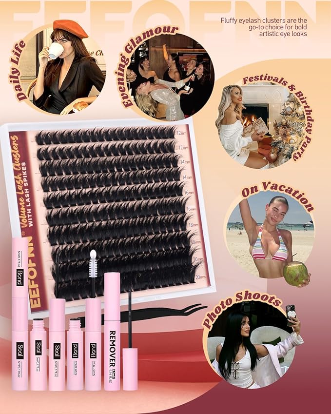 Eefofnn Manga Lash Clusters Kit Fluffy Eyelash Clusters 12-20mm Long Volume Individual Lashes Spiky D Curly Cluster Lashes Spikes Anime Thick Fairy Lash Extensions Lash Bond and Seal and Remover Kit