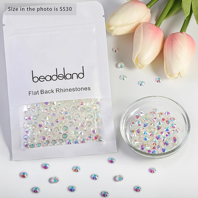 Beadsland Flat Back Crystal Rhinestones Round Gems for Nail Art and Craft Glue Fix, Transparent AB, 6.3-6.5mm, SS30/288pcs