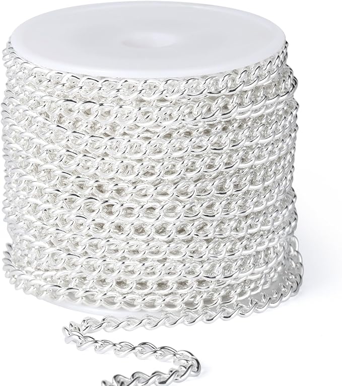 33 Feet Silver Curb Chains Bulk, 5mm Silver Plated 304 Stainless Steel Twisted Link Chains Roll Spool for Jewelry Making DIY Craft