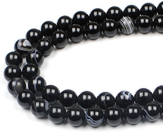 MJDCB Natural Black Striped Agate Round Loose Beads for Jewelry Making DIY Bracelet Necklace (10mm)