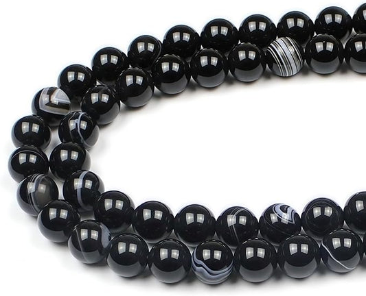 MJDCB Natural Black Striped Agate Round Loose Beads for Jewelry Making DIY Bracelet Necklace (8mm)