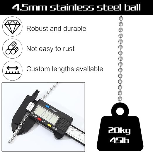 50 Feet Stainless Steel Ball Bead Chain #10/4.5mm Beaded Chain with Spool & 10pcs Matching Connectors Ball Chain for Roller Shades, Dog Tag, Bracelets, Necklace, Keychain, Jewelry & DIY Crafts