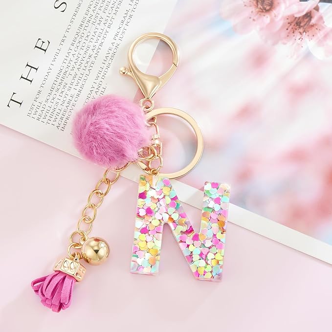 Resin Alphabet Initial Letter Keychain Keyring for Women Purse Handbags With Fur Ball Pom