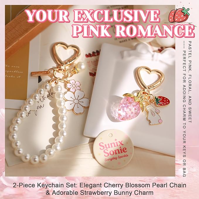 2Pcs Strawberry Keychain Flower Cherry Blossom Keychain Cute Bag Charms Strawberry Gift for Women Girls