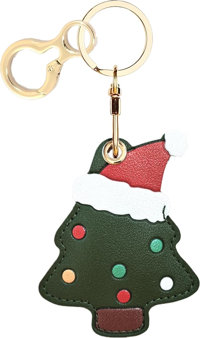 Leather Keychain Holder Case Compatible with AirTag,Cute Protective Cover with Keyring,Anti-Scratch Finder GPS Tracker Case for Wallet Keys,Bag,Pets(Christmas Tree)