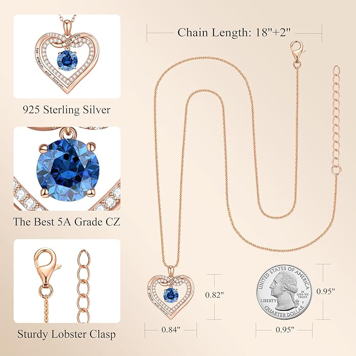 G&GEMSJEW Infinity Heart Birthstone Necklaces for Women, 925 Sterling Silver Jewelry, Pendant Heart Necklaces Birthday Anniversary Christmas Gift for Women Wife Mom Girlfriend Lady