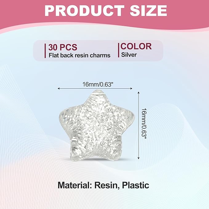 PATIKIL 30 Pcs Flat Back Resin Star Beads, Glitter Star Charms Bulk Mini Flat Back Beads Embellishments for DIY Crafts Phone Case, Silver