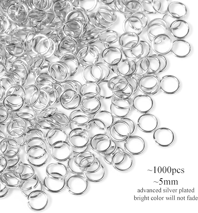1000 Pcs 5mm Open Jump Rings Silver Plated Jump Rings for Jewelry Making Single Ring Bulk for DIY Craft Earring Necklace Bracelet Pendant Choker Jewelry Making Findings and Key Ring Chain