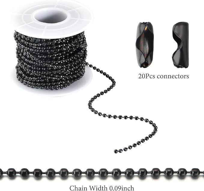 Topacket 33Feet Ball Bead Chain Black Stainless Steel Dog Tag Chain with Matching Connectors for Jewelry Making Necklace Hanging Bracelets Keychain(2.4mm)