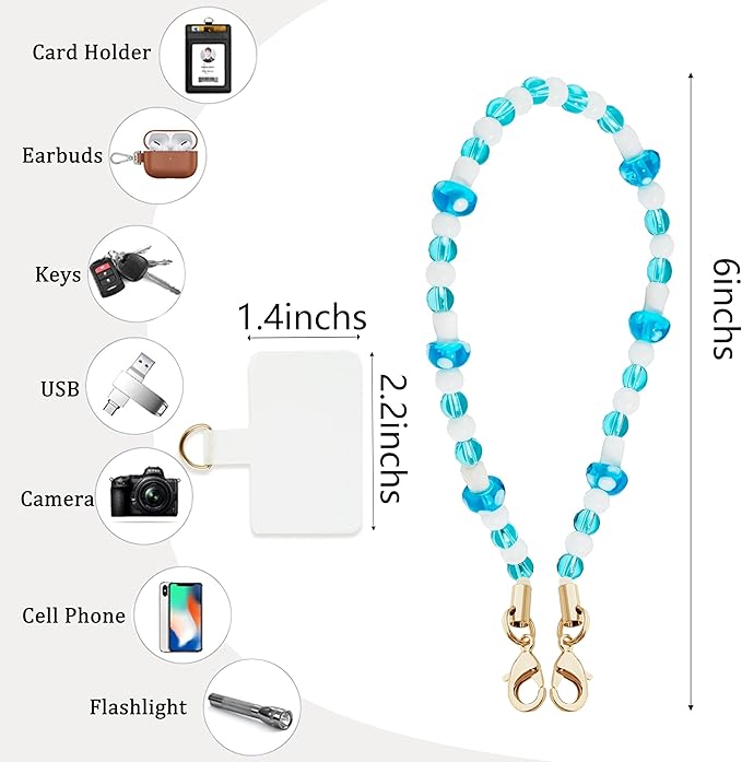 Marble Beaded Phone Wrist Strap,Detachable Phone Bracelet Strap with Tether Tab,Hands-Free Wristlet Strap (Blue Mushroom)