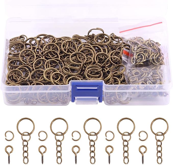 Swpeet 450Pcs 3/5" 15mm Bronze Key Chain Rings Kit, Including 150Pcs Keychain Rings with Chain and 150Pcs Jump Ring with 150Pcs Screw Eye Pins Bulk for Jewelry Findings Making (15mm, Bronze)