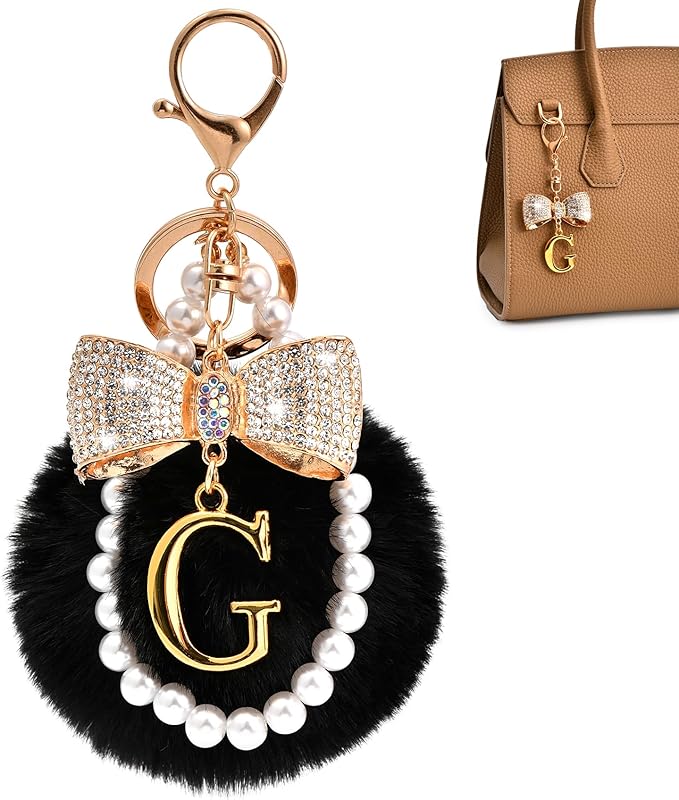 Gold Initial Keychain with Rhinestone Bow & Black Pom Pom, Cute Letter Bag Charm for Women Purse and Car Keys