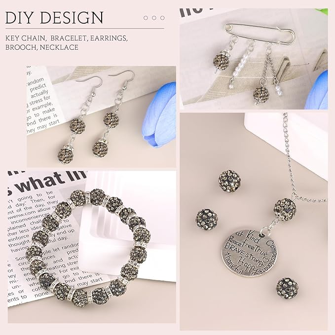 200 Pcs Gray Rhinestone Beads for Jewelry Making, Sparkle Crystal Clay Christmas for Bracelet Baseball Necklace Earring Crafting and DIY, Shiny Round Shamballa Disco Ball Beads Bulk