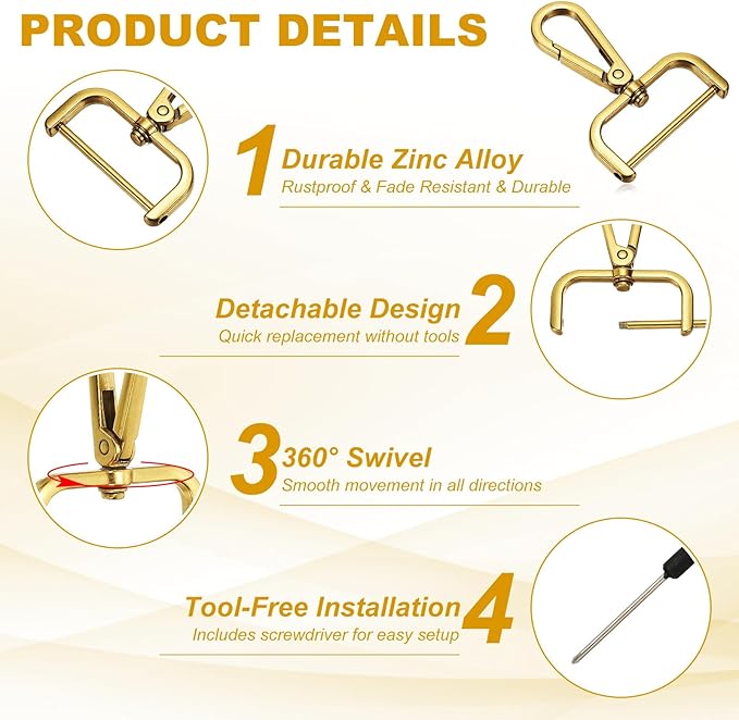 YELARXI Swivel Clasps Hook, 1-1/2 Inch ID Detachable Snap Hook W/Screw Bar D Ring Claw Clasp with Screwdriver Fit for Lanyard Bag Leather Craft Purse Hardware DIY Bag (4 Pack, Gold)