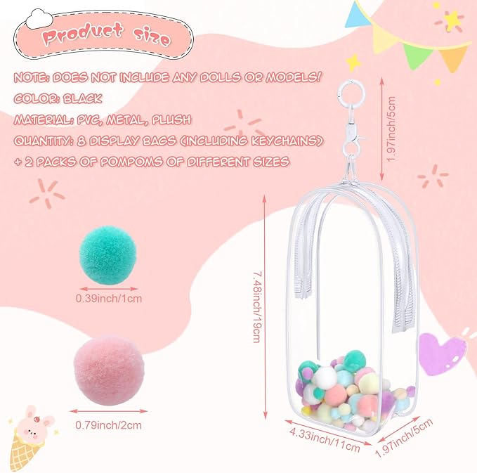 8 Pcs Clear Figure Display Bag, Portable Figures Storage Bag with Keychain, Pouch Blind Box Single Zipper Closure Collectibles Case Keychain for Mini Plushies, Dolls (Clear)
