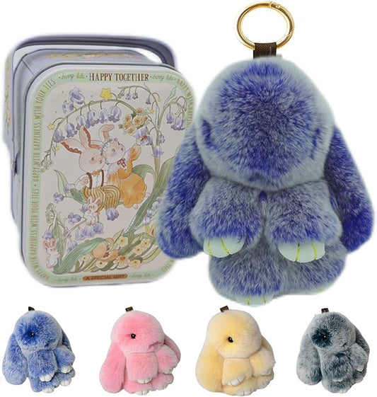 Bunny Keychain with Tin,Bunny Handmade Soft Pompom Charms,Fluffy Keychain Accessories for Womens