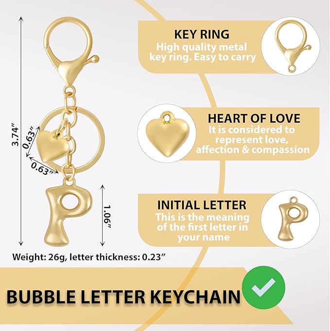 Heart Bubble Letter Keychain for Women, Girls - Cute Keychain with Initial - Alphabet Keychain for Bag Charm, Handbag