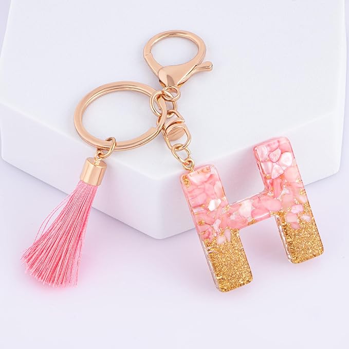 Suweibuke Cute Pink Key Chains for Women Girls, Initial Letter Keychains with Tassel, Charms for Key Purse Handbags Backpacks